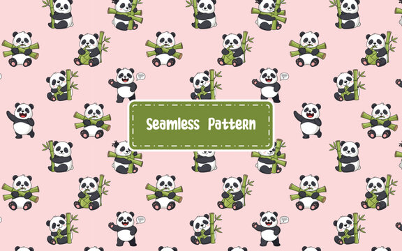 Cute panda cartoon seamless pattern with bamboo.