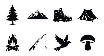 Fototapeta premium Outdoor camping icons set, black silhouette adventure symbols, 8 nature vector elements for hiking and forest exploration graphics