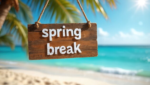 Wooden sign hangs from palm tree branch near turquoise ocean water and sandy beach. Message Spring Break invites vacationers to relax and enjoy sunny weather.