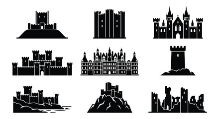 Medieval castle silhouette icons, set of 9 historic fortress and palace vector elements, black architectural ruins and royal chateau graphics © Md
