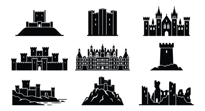 Medieval castle silhouette icons, set of 9 historic fortress and palace vector elements, black architectural ruins and royal chateau graphics