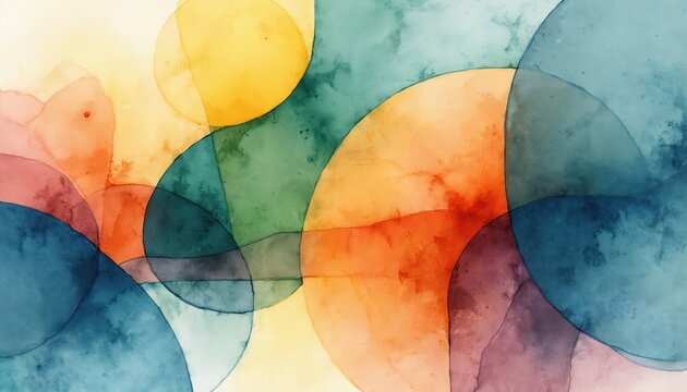 Abstract overlapping circles in warm and cool watercolor tones. Blended colors create fluid organic shapes and a sense of harmonious movement. Great for art projects.