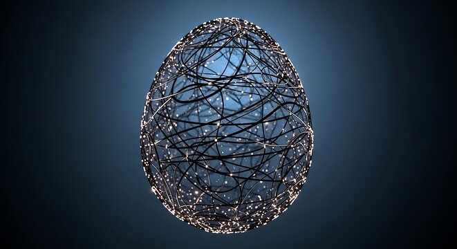 Intricate egg shaped structure composed of glowing fiber optic wires creating a sophisticated modern design for abstract digital art backgrounds