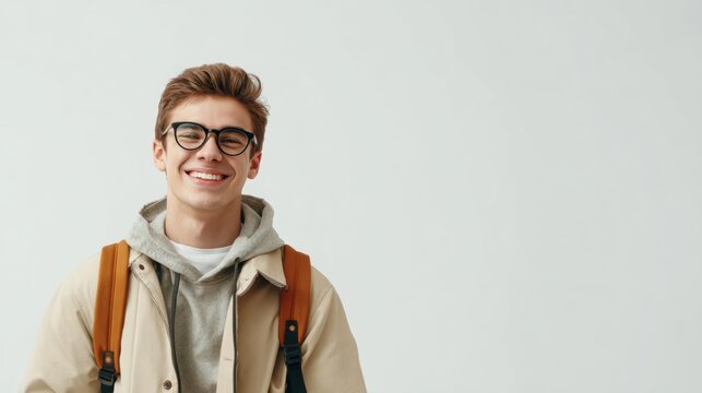 Young student with backpack and glasses looking happy in casual jacket and hoodie