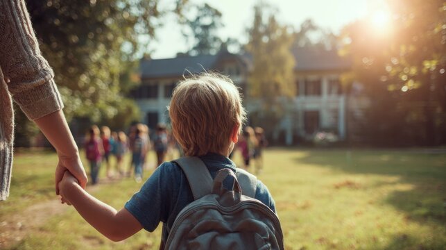 Child holding parent's hand with backpack walking toward school on a sunny autumn day near house