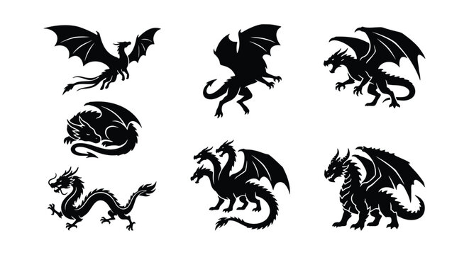 Mythical dragon silhouettes set, 6 black fantasy creature icons, medieval winged monster vector collection, legendary beast graphic elements