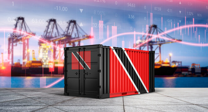 Trade Embargo: A shipping container, adorned with the national flag, sits amidst a backdrop of commercial ports and financial charts, representing the country trade restrictions.
