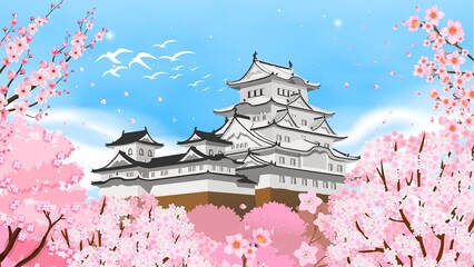 Naklejka premium Pink and Blue Illustrated Landscape Temple Japan Sakura Desktop Wallpaper