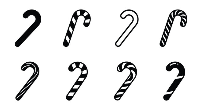 Christmas candy cane icon set, black and white holiday sweets vector collection, 8 minimalist peppermint stick symbols for winter design