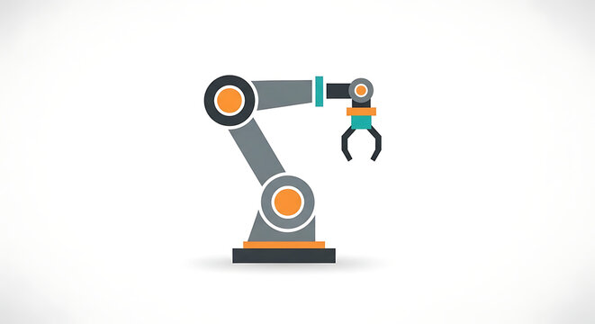 A robotic arm with a gripper on a white background in a simple flat vector illustration style