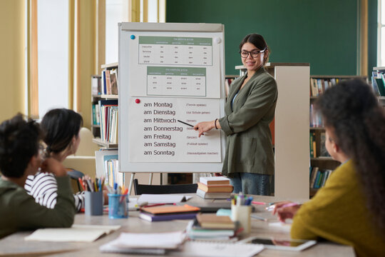Teacher presenting language materials to students in a classroom setting