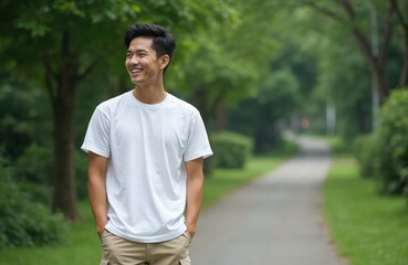 Fototapeta premium Young Asian man smiles in a park walkway. He wears a white t-shirt and khaki shorts, hands in pockets. Green trees line the path behind him, creating a peaceful outdoor scene.
