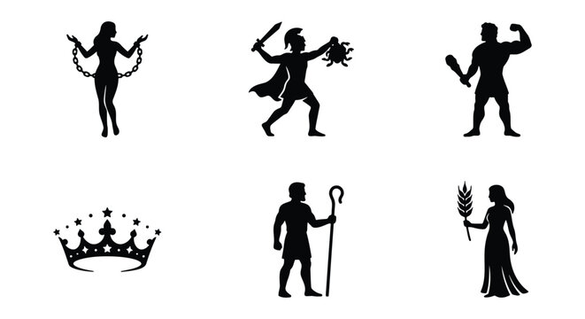 Ancient Greek mythology silhouettes, set of 6 vector icons featuring gods and heroes, black classical figures and royal crown on white background