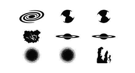 Minimalist space icons set, black celestial silhouettes including spiral galaxy and saturn planet, astronomical vector elements for science infographics © Siyam