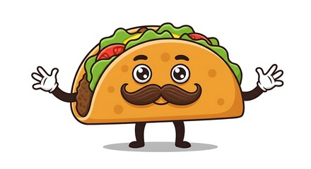 Fototapeta premium Friendly Cartoon Taco Mascot with Dapper Mustache and Welcoming Open Arms on White Background.