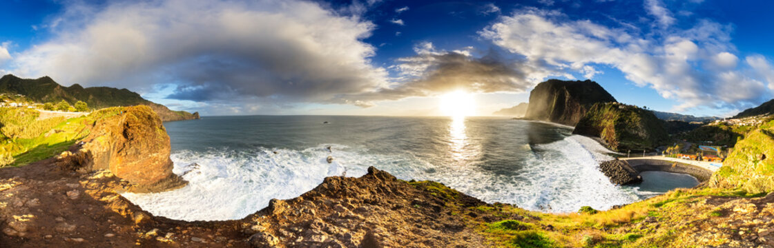 Panoramic sunrise view at Miradouro do Guindaste on Madeira coast