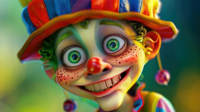 Clown portrait, vibrant colors and whimsical expression.