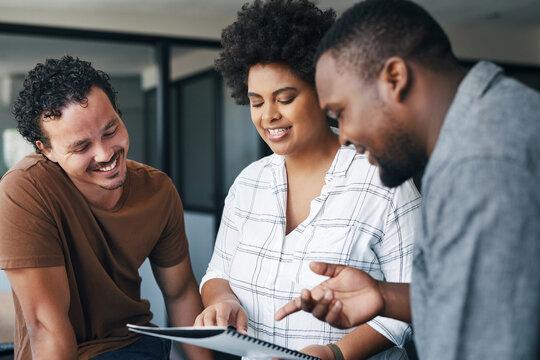 Happy, people and meeting with document in office for topic delegation, editorial guidance or advice. Journalists, editor and file at media agency for article pitch, writing tips or creative teamwork