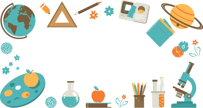 Education and science icons arranged in a circular frame with copy space for text