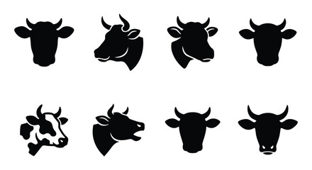 Obraz premium Cow head silhouette icons, set of 8 black cattle bull and heifer face vectors, minimalist livestock farm animal logos for butchery and dairy branding