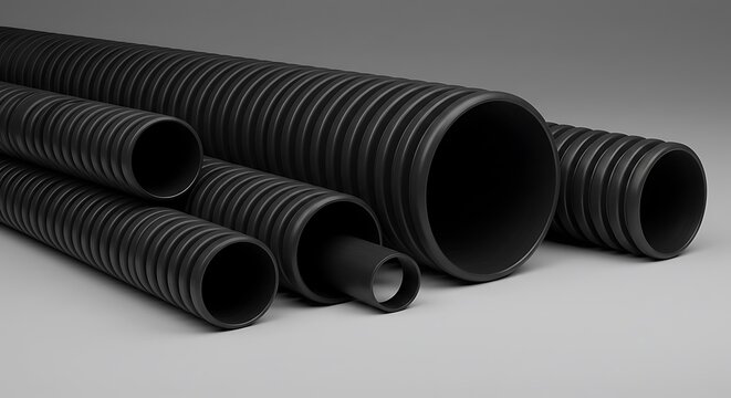 Group of Black Corrugated Plastic Pipes, Varying Diameters, Industrial Construction Materials.