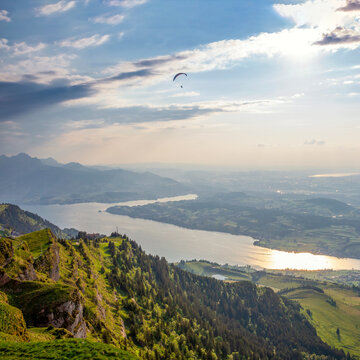 Panoramic view from Mount Rigi summit over Lake Lucerne and Mount Pilatus