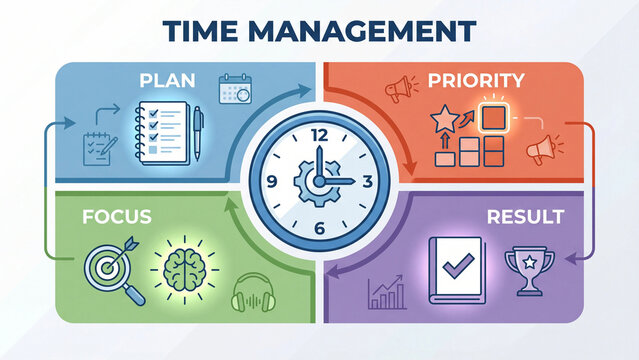 Time management infographic showing plan priority focus and result as four interconnected quadrants for workplace productivity improvement and personal efficiency development