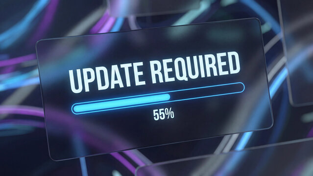 Update required system notification with neon progress bar on dark digital background for software patch deployment and mandatory technology upgrade awareness