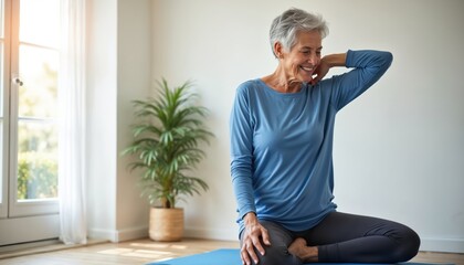 Fototapeta premium Smiling senior woman sits in yoga pose on mat indoors. She stretches arm behind head, looking happy. Healthy elder lady practices mindful movement in bright room.