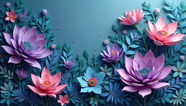 Soft paper art flowers bloom in pastel colors. Lush green leaves surround vibrant pink purple and blue blossoms. Decorative floral pattern creates tranquil serene garden.