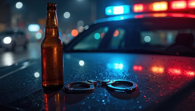 Drunk driving consequences shown with beer bottle handcuffs and police car lights at night. Law enforcement incident with arrest and traffic stop, legal trouble.