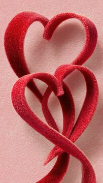 Red velvet hearts intertwined on soft pink background: symbol of love and romance