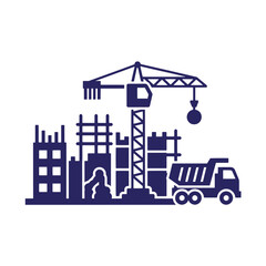 Naklejka premium Dark blue silhouette of a construction site featuring a tower crane, unfinished building frameworks, and a dump truck on a white background