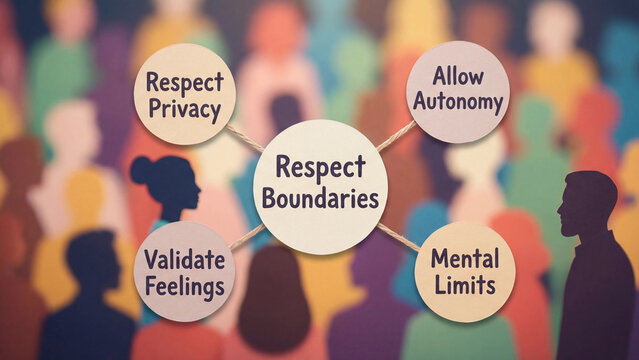 Respect boundaries social concept infographic showing respect privacy allow autonomy validate feelings and mental limits for healthy interpersonal relationship and community wellbeing education