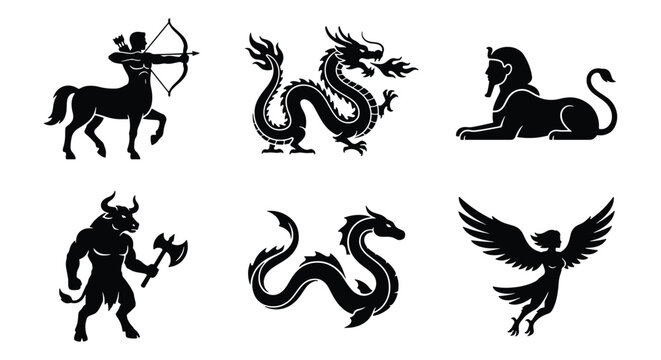 Mythological creatures black silhouette icons, set of 6 fantasy monster vectors, ancient greek and asian folklore beast symbols for gaming and logos