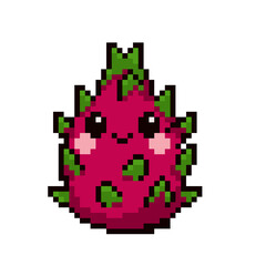 Fototapeta premium Pixel art cute red dragon fruit character. Kawaii happy fruit sprite. High quality 8-bit isolated element on white background for game, app, and digital design. Sweet pixel food art.