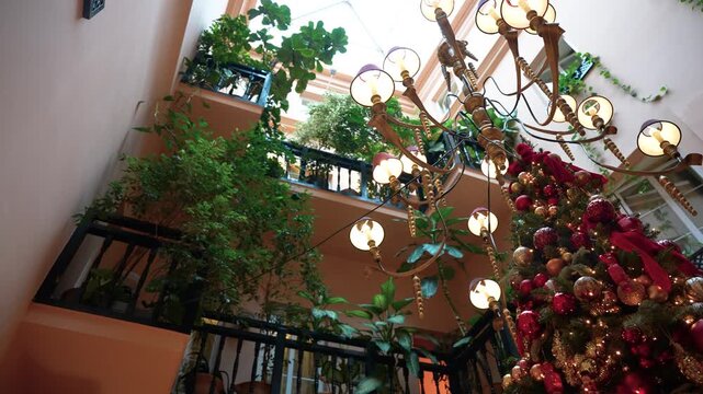Close-up shot of a vibrant interior courtyard filled with lush green plants and elegant festive decor. The warm lighting complements the intricate iron railings and ornate chandelier.