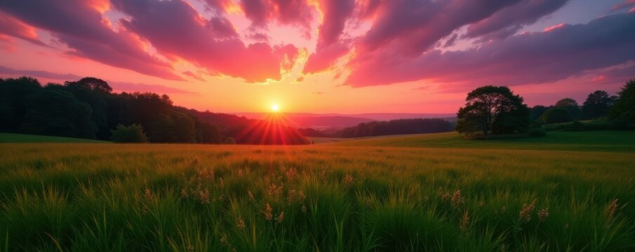 Crimson dawn over lush green Polonina Wetlinska , scenic, Bieszczady, sunrise