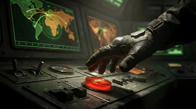 A cinematic close-up of a tactical gloved hand hovering over a glowing red launch button in a dark command center with world maps on digital screens.