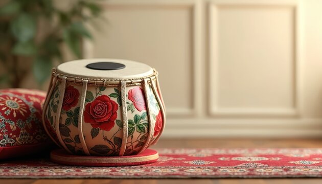 Ornate tabla drum with red rose floral pattern rests on red cushion. Traditional Indian percussion instrument sits on decorative rug. Close-up view shows fine detail.