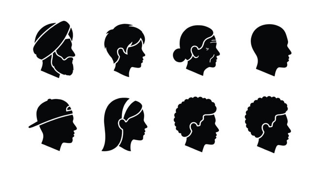 Diverse people profile icons set, 8 black silhouette head avatars, multicultural human face side view symbols for user interface and social media