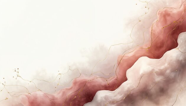 Abstract flowing watercolor shapes in soft earth tones with delicate gold lines create elegant decorative border. Gentle organic forms blend seamlessly, evoking luxurious, modern feel for design