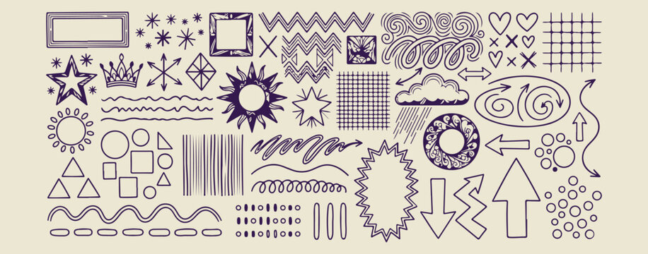 Hand drawn geometric abstract marks symbols, minimalist artistic line and texture doodles, creative pattern and shape design elements, artistic brush stroke and mark making art, minimalist modern grap