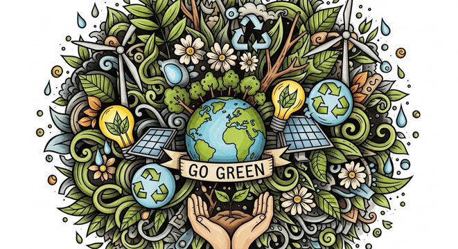 Vibrant illustration promoting environmental conservation with earth and green elements isolated on white background