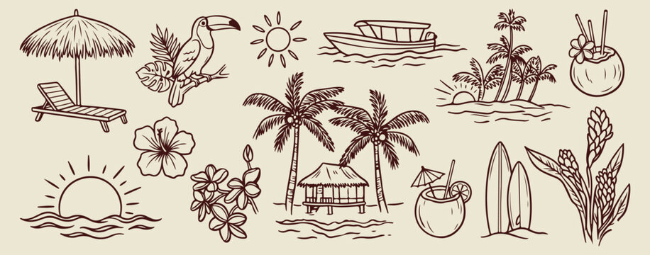 Hand drawn tropical island hut scene, minimalist beach resort and ocean doodles, decorative palm tree and boat sketches, artistic summer vacation and travel elements, minimalist coastal and shore line