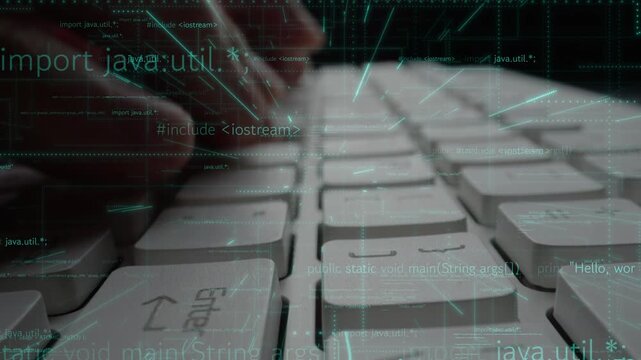 A close-up view of hands typing on a keyboard, surrounded by a digital overlay of Java code and data elements, representing modern software development and technology. Xenic