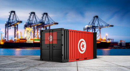 Tunisian Shipping Container: A vibrant shipping container, adorned with the Tunisian flag, stands poised at a bustling port. Emphasizing global trade and the movement of goods.  © bao