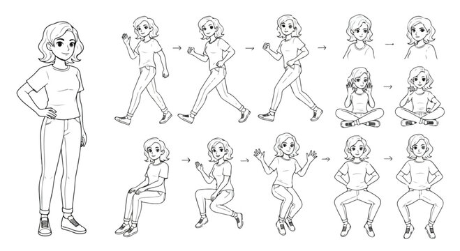 Anime girl character sheet with various poses and expressions, black and white line art vector of a young woman walking and sitting, manga style female character design set