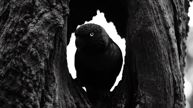 Black and White Silhouette of a Bird Inside a Tree Hollow Looking at the Camera