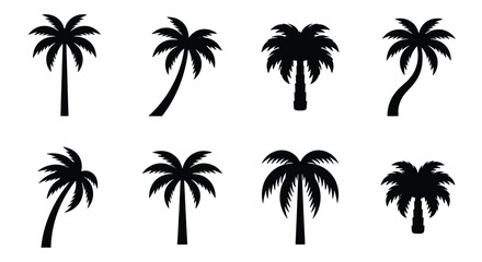 Fototapeta premium Black palm tree silhouette collection, set of 8 tropical coconut tree icons, minimalist exotic plant vector elements for summer travel design